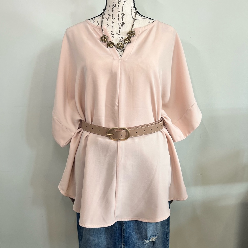 Zienna Blush Pink V-Neck Blouse | Short Sleeve | Size XL